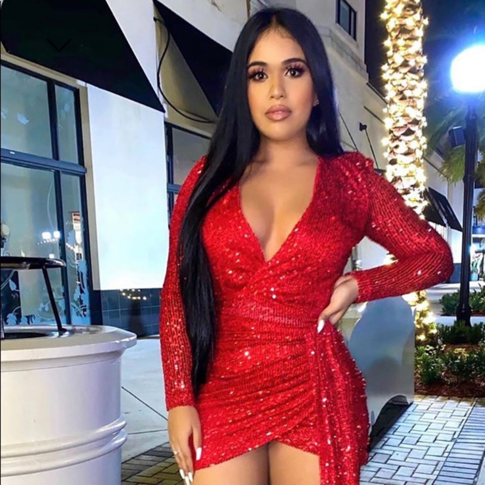 Plus curve glamorous red sequin centre stage wrap dress